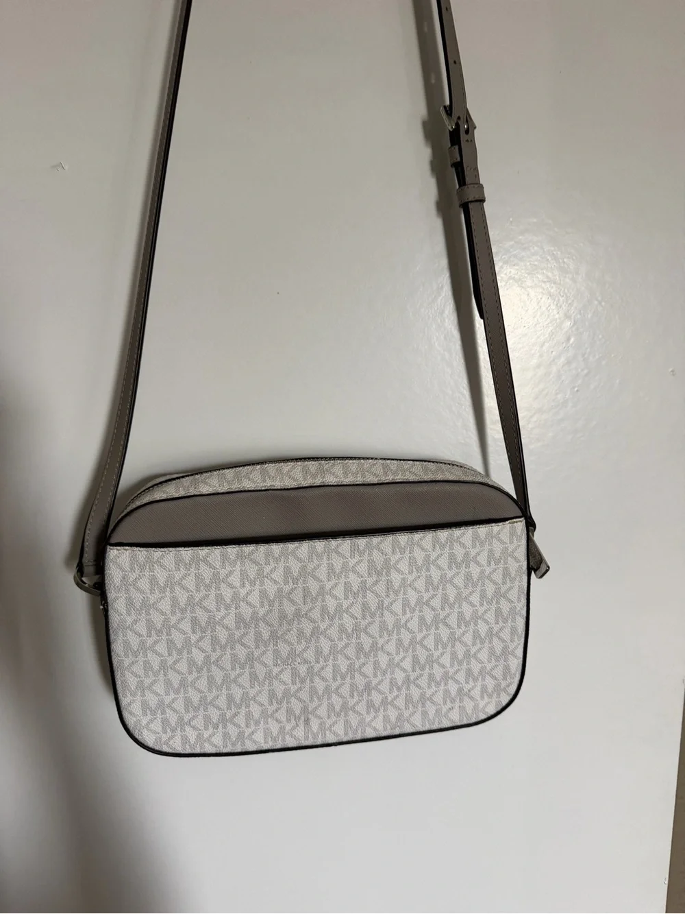 Michael Kors White and Taupe Signature Crossbody with Chain Detail